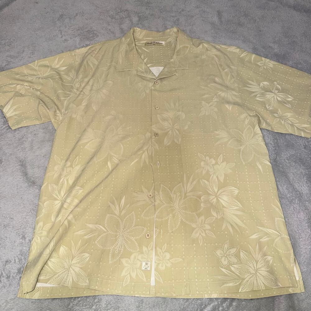 Tommy Bahama 100% Silk Camp Shirt Tan Floral Jacquard Men's XL